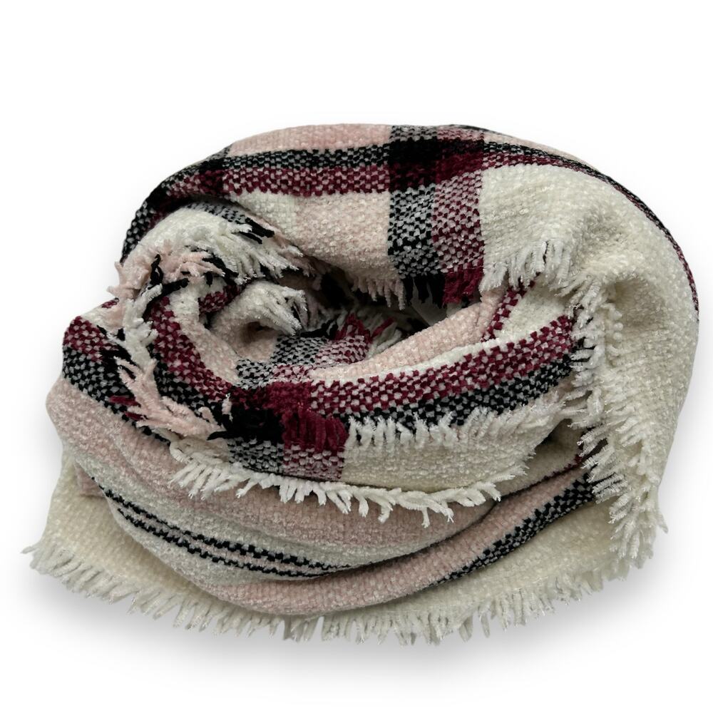 NEW Style & Co Chenille Plaid Fringe Trim Scarf Macys Pink White Tartan coquette - Picture 4 of 8